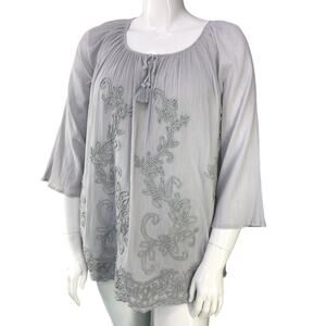 Soft Surroundings Women Plus Size 1X Blouse Round Neck Cord Embroidered Top Grey